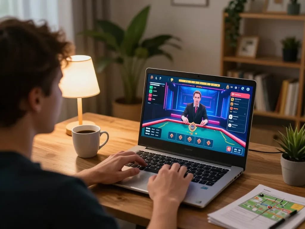 Person enjoying online gambling with MB668 laptop, vibrant home setting, capturing excitement