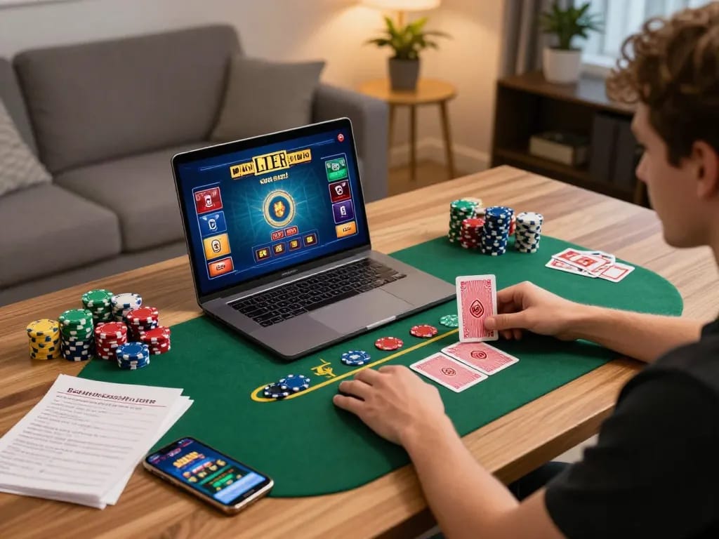 Player engaging with a tg88 online casino app on laptop for strategic gambling.