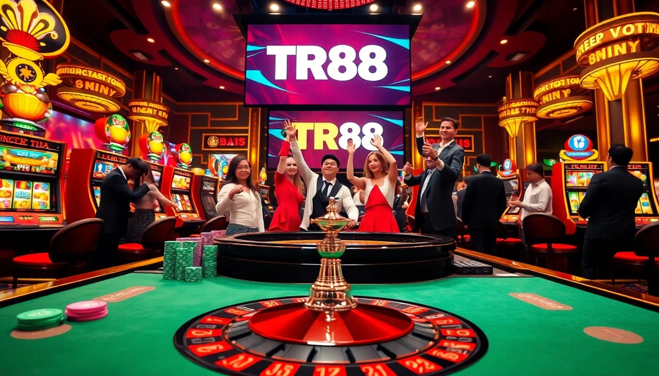 Players celebrate big wins at the TR88 casino, showcasing vibrant chips and roulette excitement.
