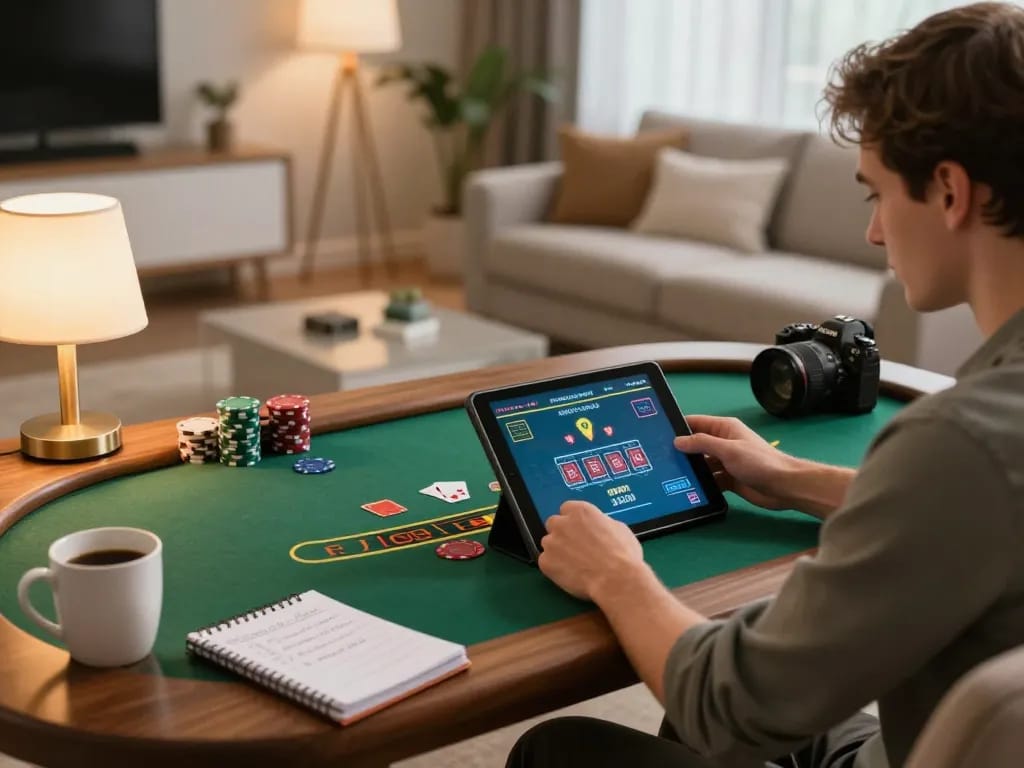 The player enjoys blackjack gaming on https://www.mnm88.com/ tablet with cozy home atmosphere and strategic notes.
