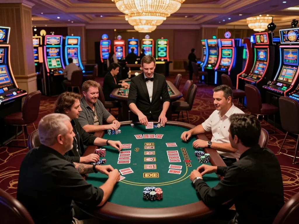 Players engaging at TR88 blackjack table surrounded by vibrant casino atmosphere with high stakes and excitement.