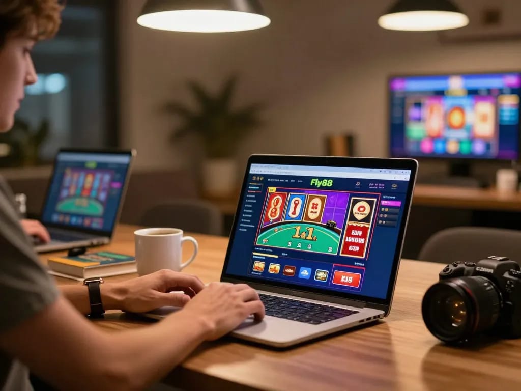 Player engaging in online gaming on Fly88 platform, showcasing interactive slot games and poker strategies