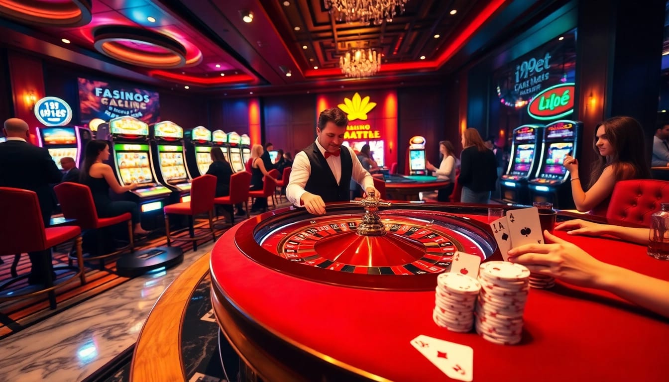 Experience thrilling gameplay at i9bet's luxury casino, featuring roulette and poker tables.