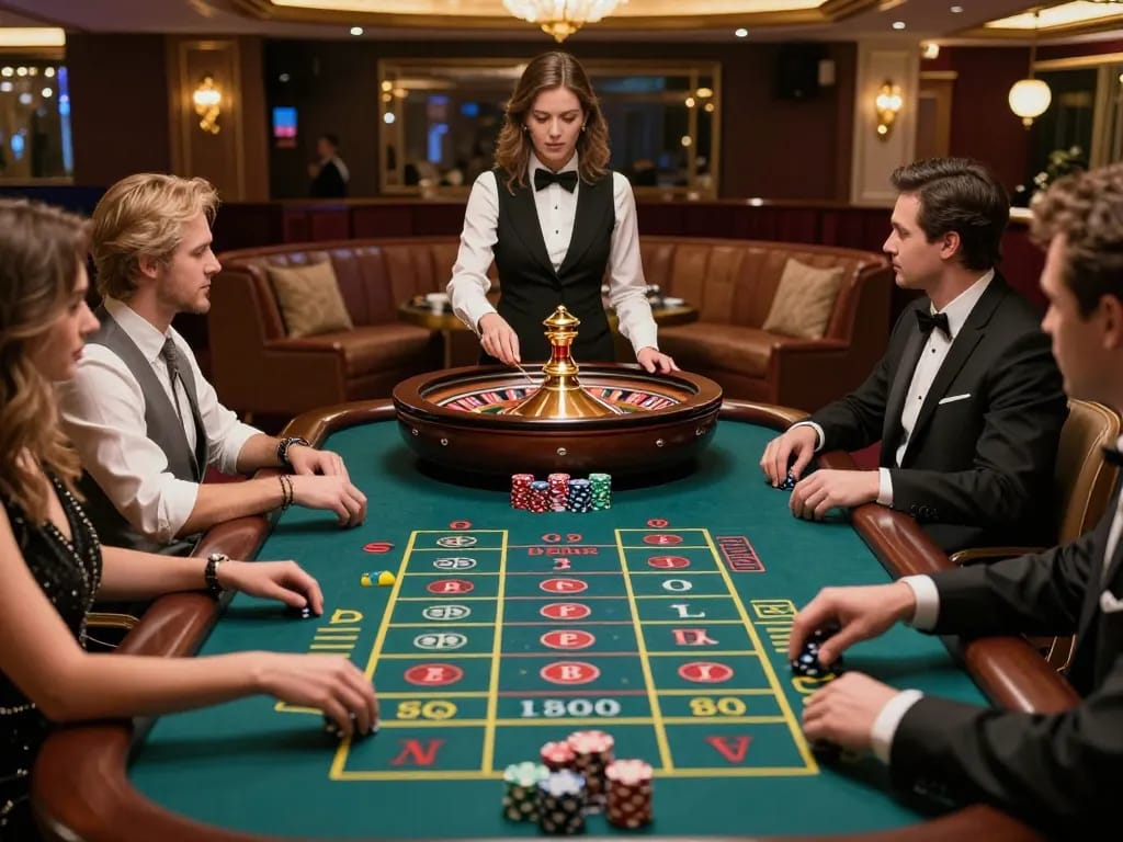 Experience the thrill of betting at CM88's luxurious roulette table with eager players and a focused croupier.