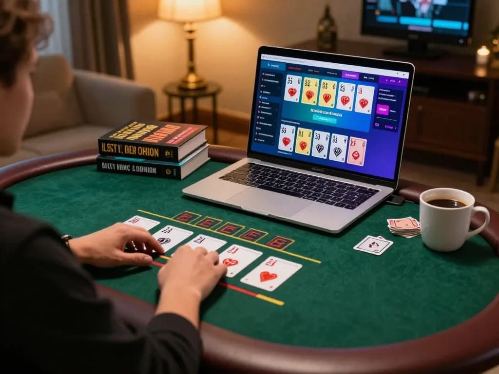 Engaging in strategic betting on LV88 with live dealer blackjack in a cozy home setting.