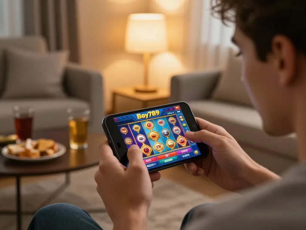 Player engaging in online gaming on Bay789 app, showcasing exciting slot gameplay.