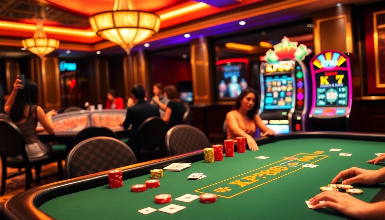 Players enjoying a thrilling game at KP88's poker table in a luxurious casino setting.
