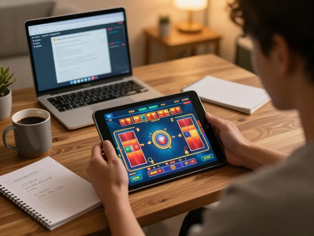 Engaged in game bài đổi thưởng on tablet, showcasing strategic gameplay and cozy home setting