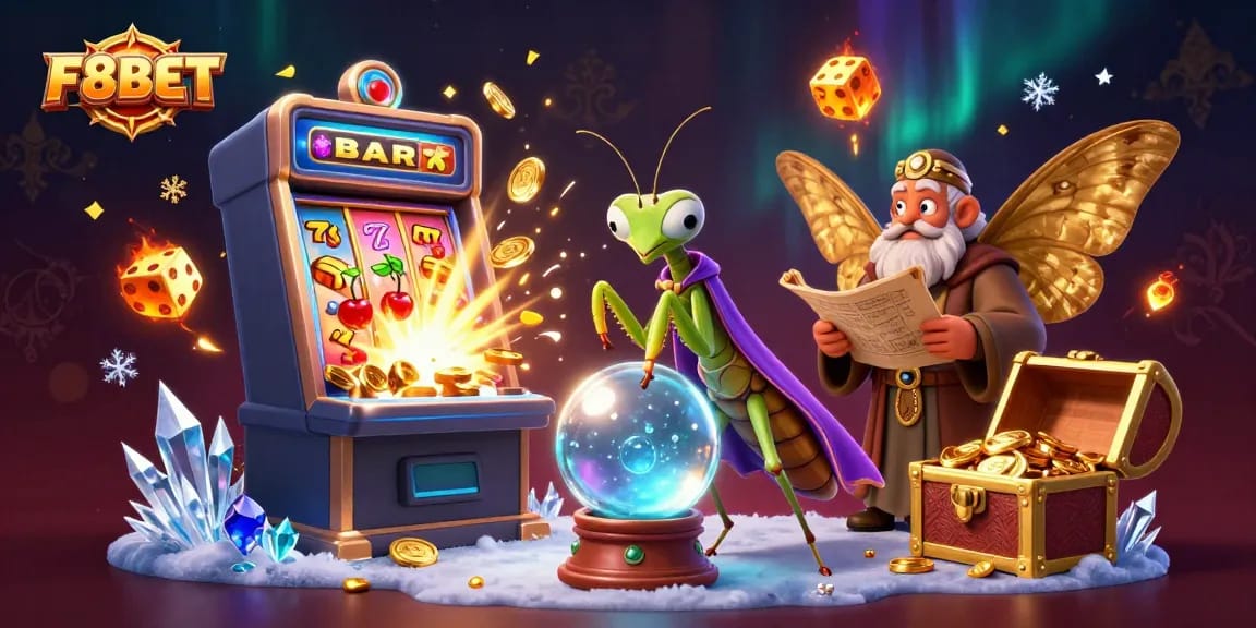 Experience thrilling jackpots at F8BET with an enchanting 3D casino scene of fortune tellers, slots, and games.