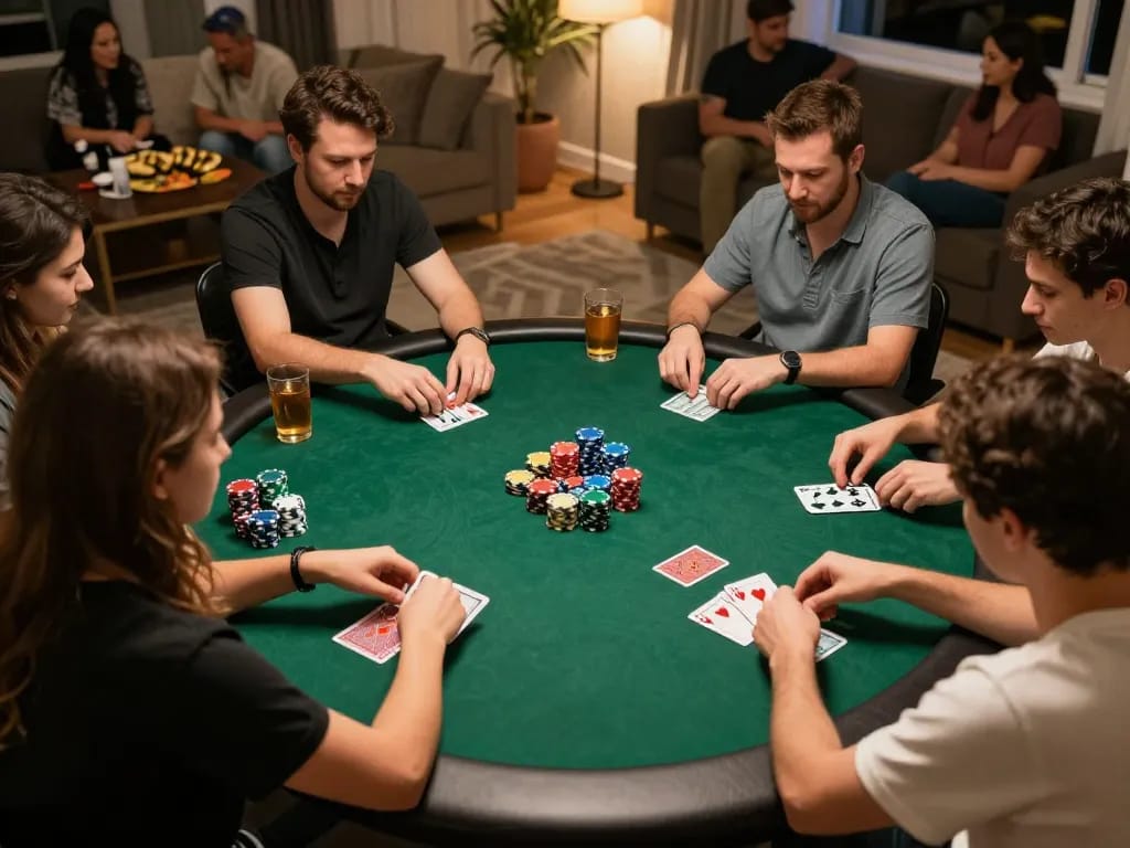 Engaged players strategizing during an SHBET poker game night at home.