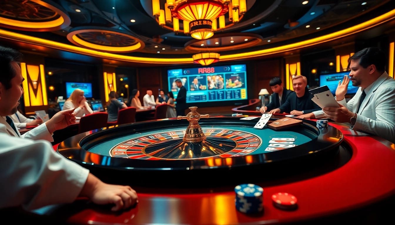 Experience the excitement of RR88 as players engage thrillingly at a roulette table with poker chips and cards.