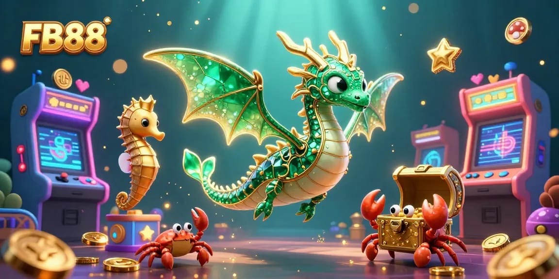 Experience the excitement of FB88 with a vibrant underwater casino scene featuring dragons and treasures.