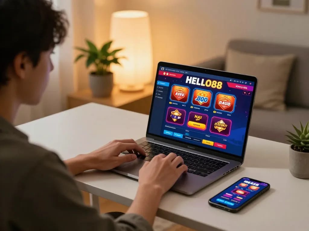 Player engaging with HELLO88 casino interface on laptop, highlighting online gaming experience.