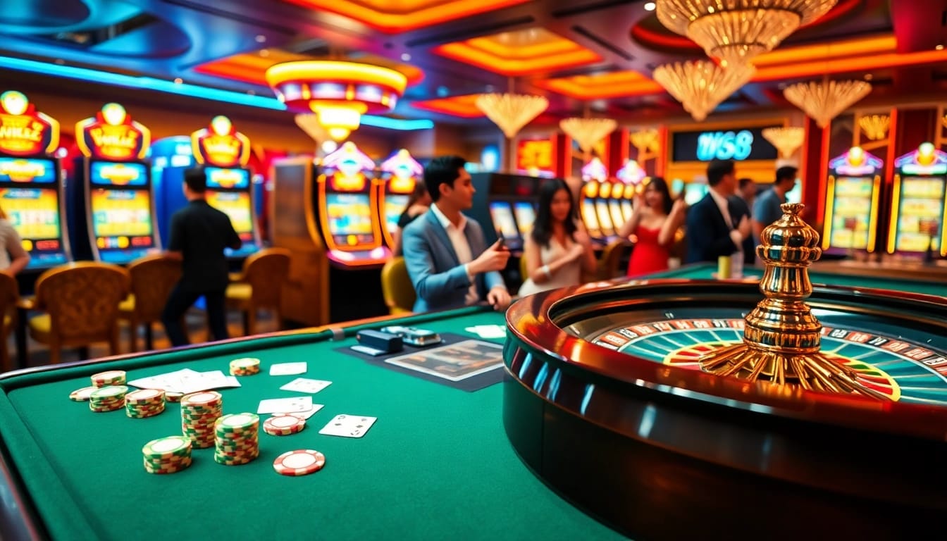 Gambling at WW88 casino with vibrant playing cards, roulette wheel, and colorful chips.