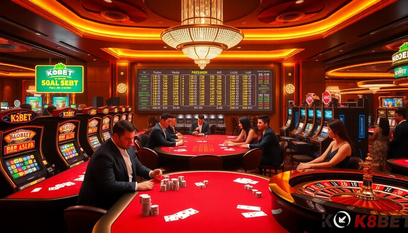 K8BET gamers engage at a luxury casino table with vibrant chips and cards in an exciting atmosphere.