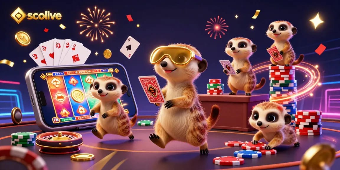 Socolive showcases a thrilling casino scene with meerkats involved in lively gambling activities.