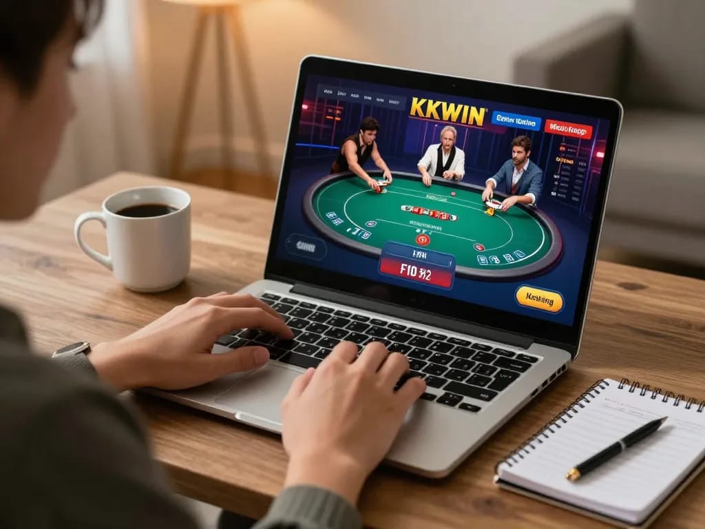 Engaging in KKWIN poker gameplay on a laptop at home for strategic betting.