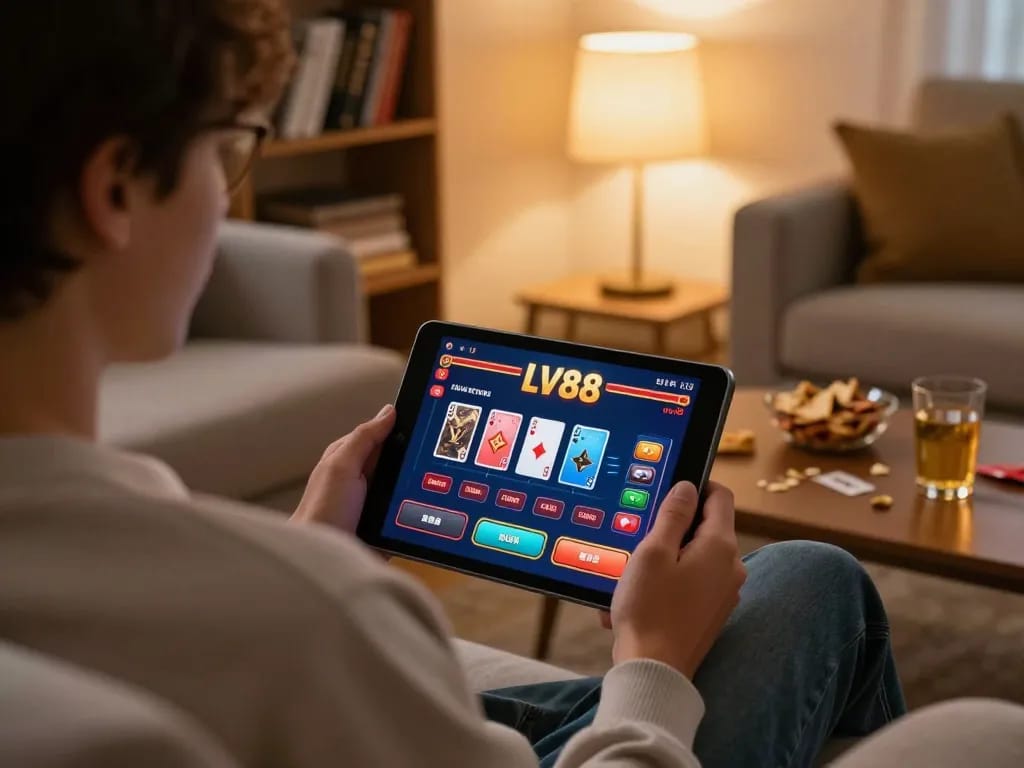 Player enjoying LV88 online casino game on tablet in cozy home setting.
