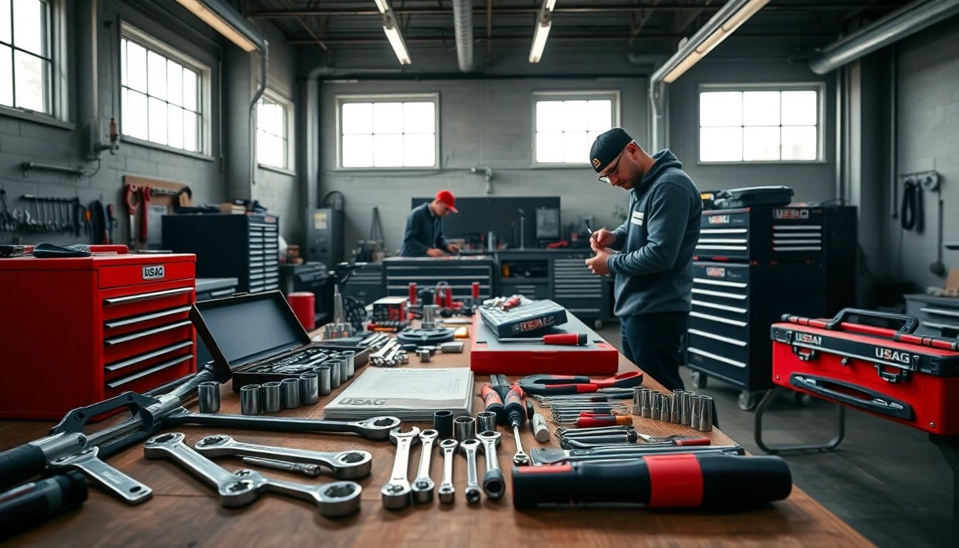Professional workshop featuring USAG tools like wrenches and toolboxes in use.