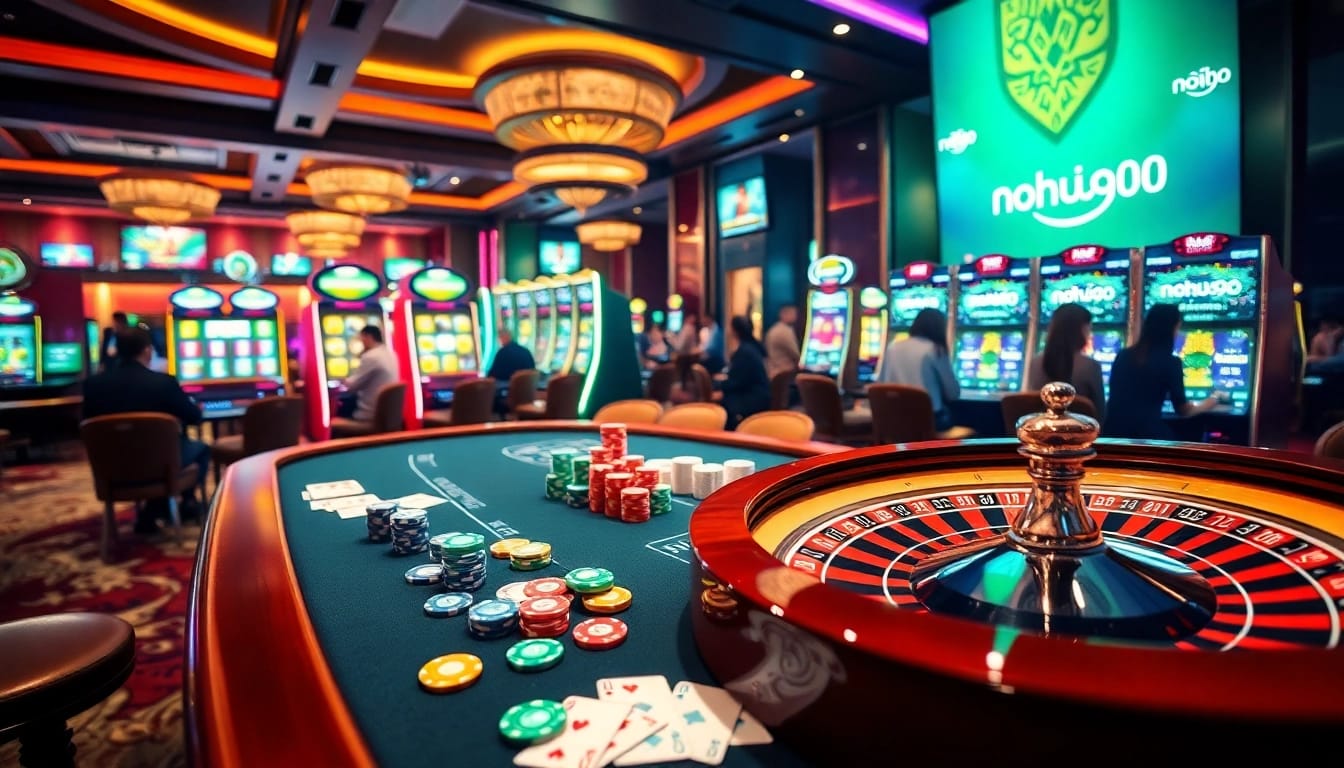 A thrilling casino environment showcasing nohu90 on the slot machines, with excited players and vibrant gaming tables.