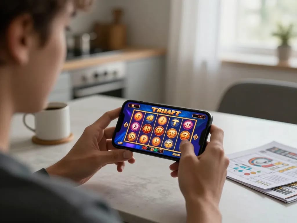 Player engaging with the TT88 app on a smartphone during a relaxing gaming session
