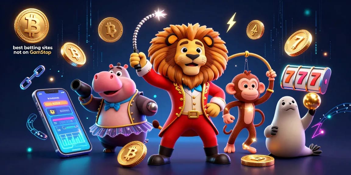 Experience the excitement of the best betting sites not on GamStop with 3D animated circus characters and crypto elements.
