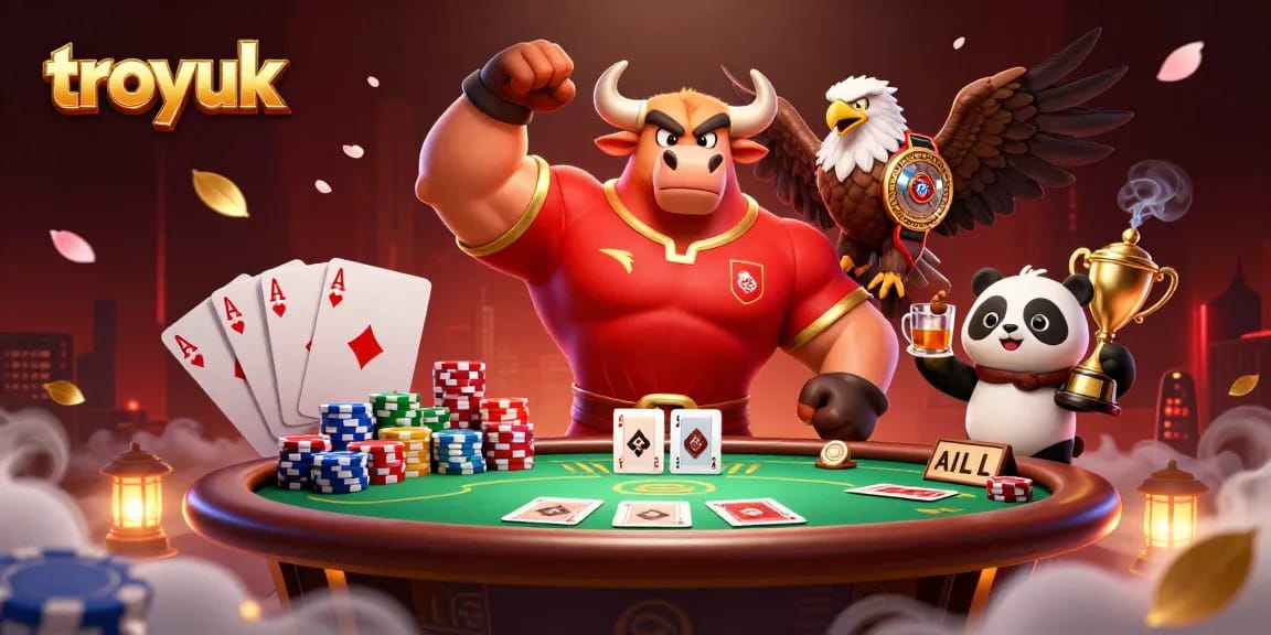 Experience the thrill of gambling at troyuk with a vibrant 3D illustration of casino elements and playful characters.