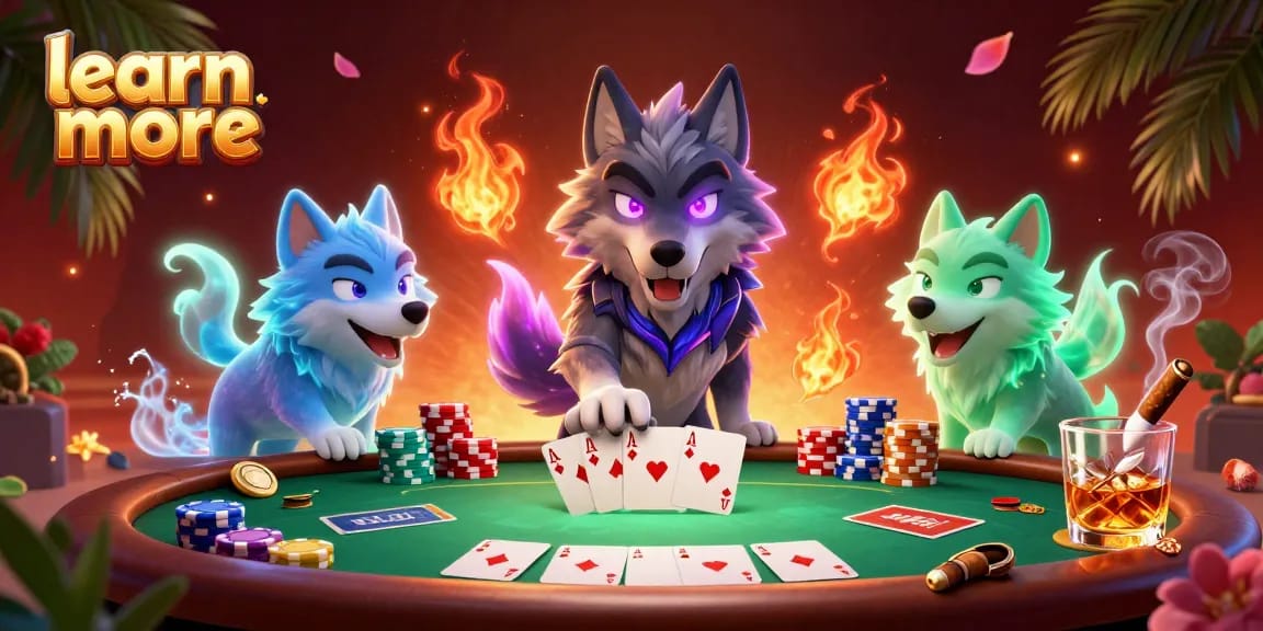 Learn more about poker strategies with a dynamic 3D illustration featuring poker characters and elements.
