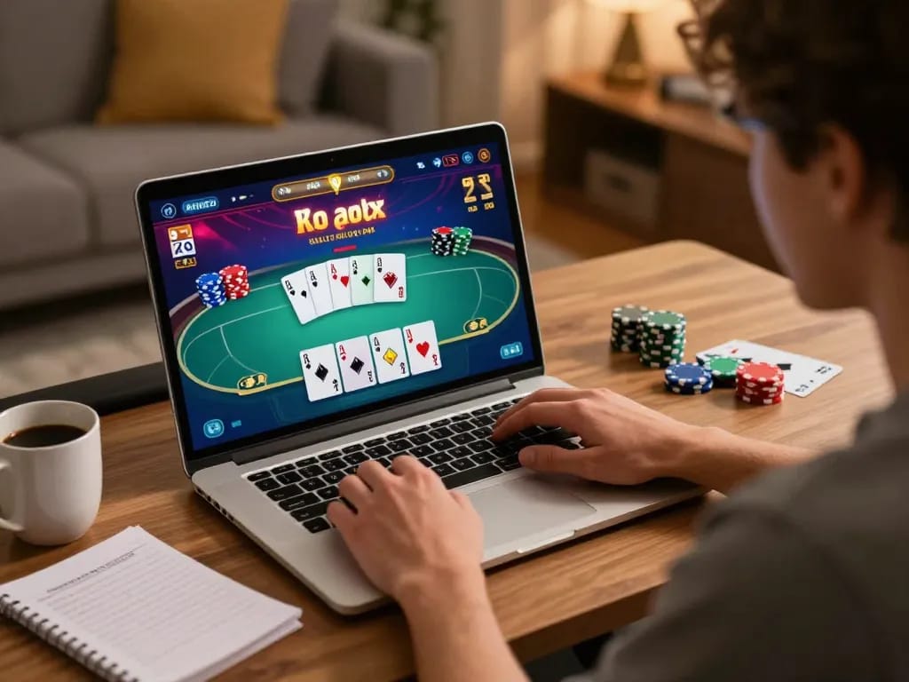 Person playing poker online at home using 789WIN platform, showcasing an engaging gaming experience.