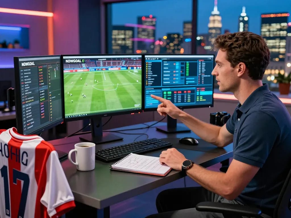 Football analyst using NOWGOAL for real-time score tracking and match analysis in a digital sports environment.