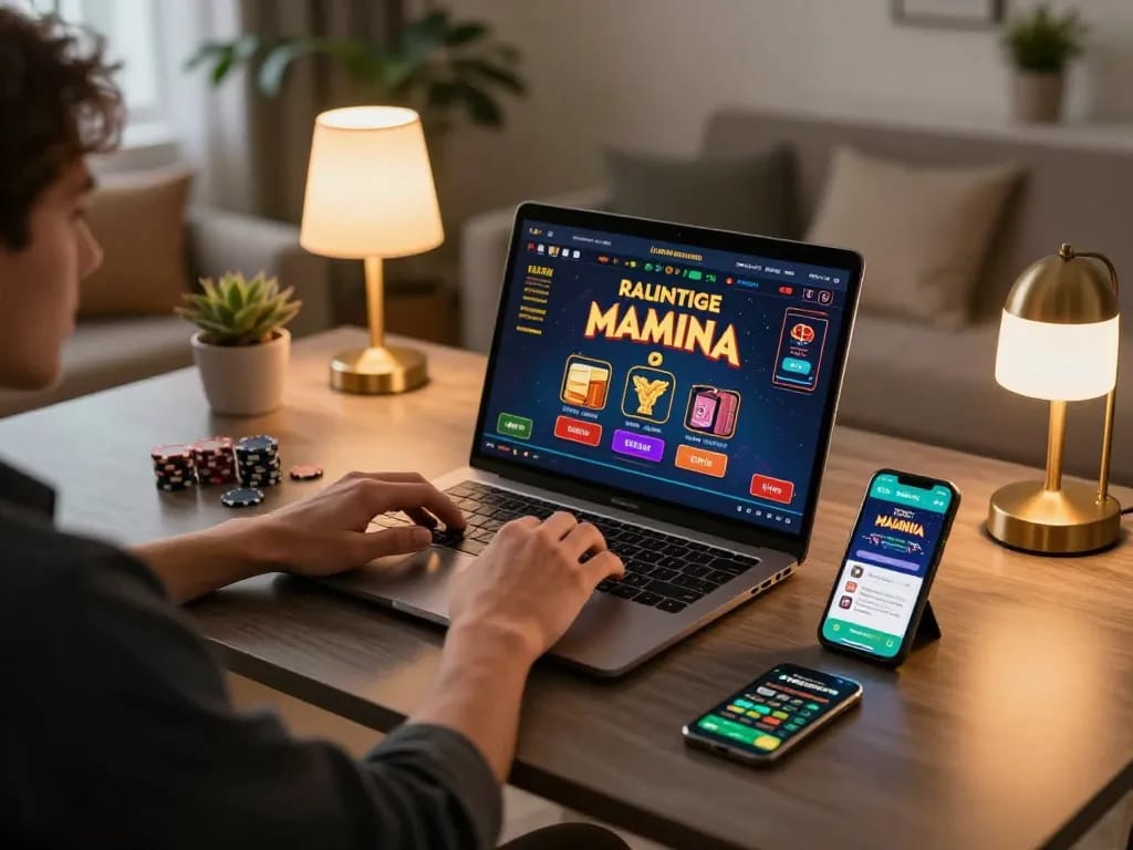 Engaging in online gambling at home, featuring https://ko6689.com/jay-tran/ with a laptop and genuine atmosphere.