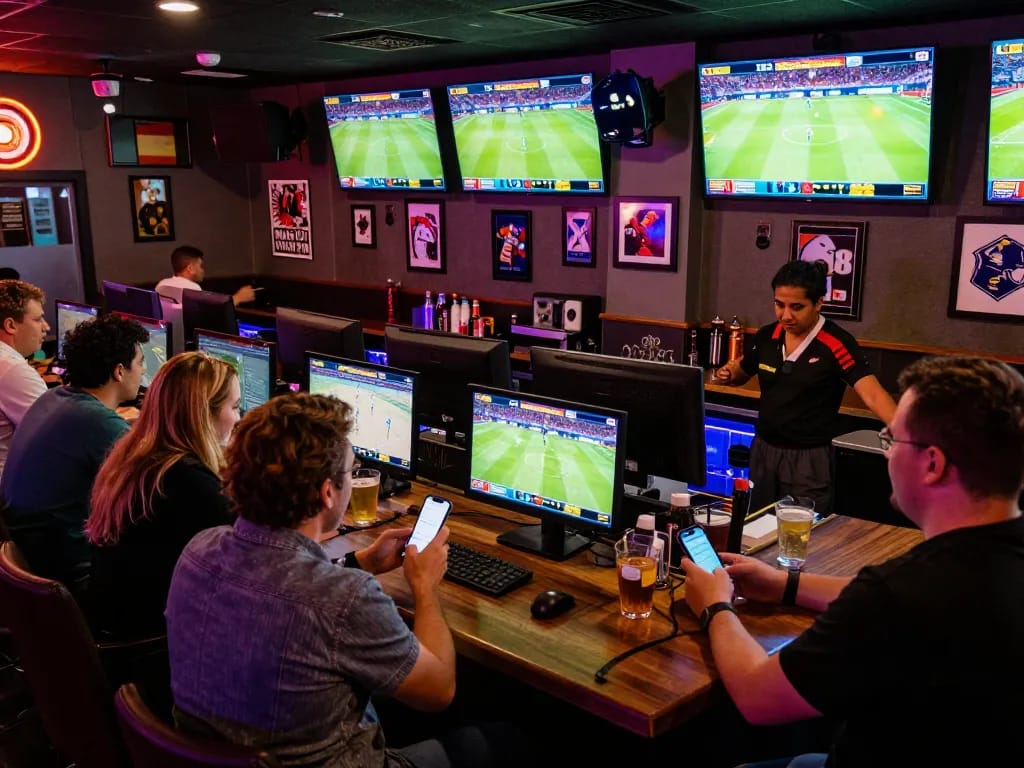 Bong88 users actively placing bets on their mobile devices in a lively sports bar atmosphere.