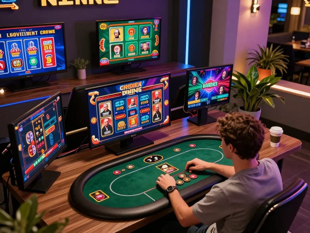 Player engaging in thrilling online gaming at UG88 with multiple screens showing diverse casino options.