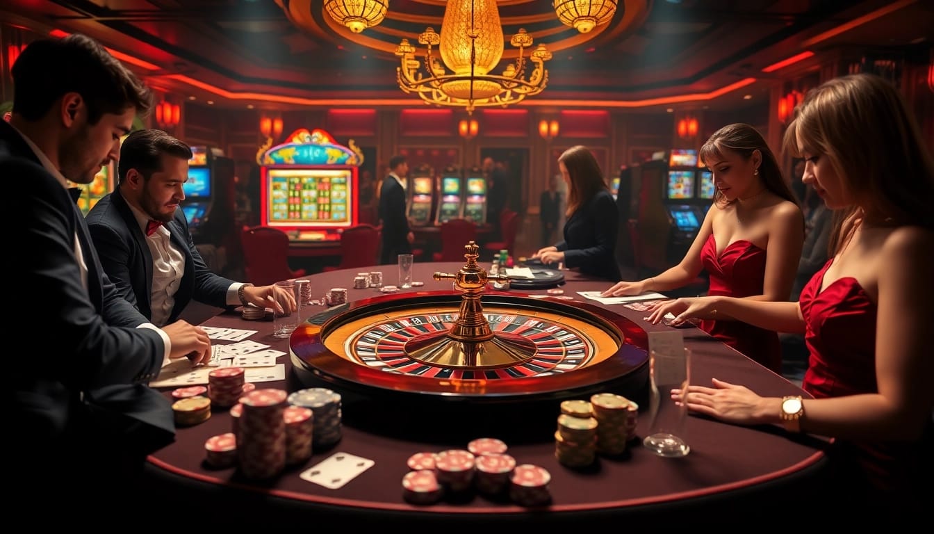Players enjoying a thrilling game at luck8 casino table with vibrant atmosphere.