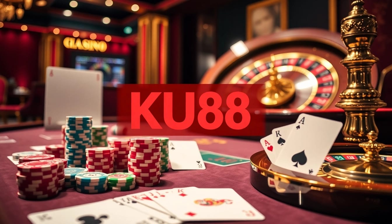 KU88 players enjoying a thrilling poker game at a luxurious casino table.