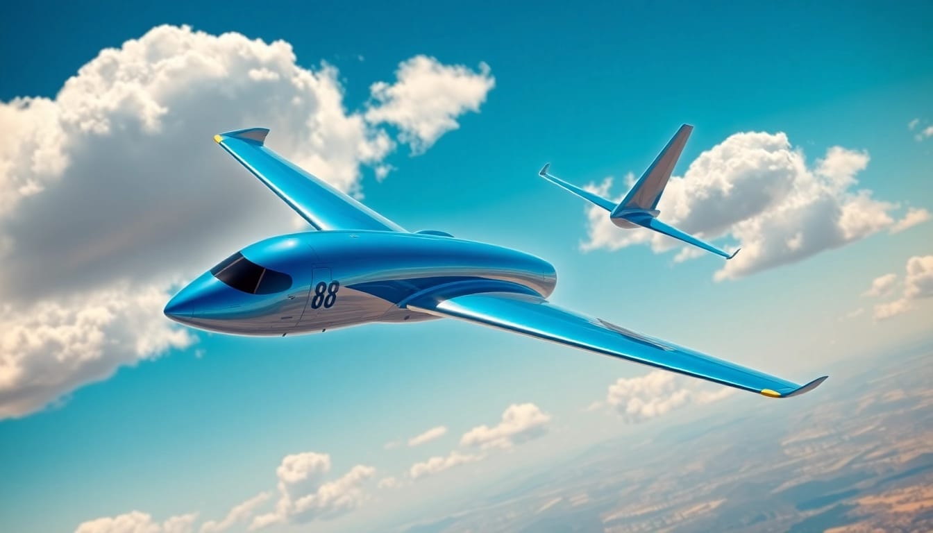 NK88 aircraft flying high in a clear blue sky, symbolizing innovation and adventure in aviation.
