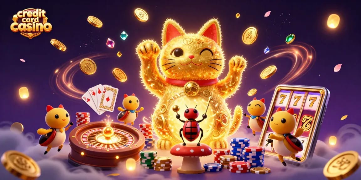 Experience magic at a credit card casino with golden fireflies and vibrant casino elements.