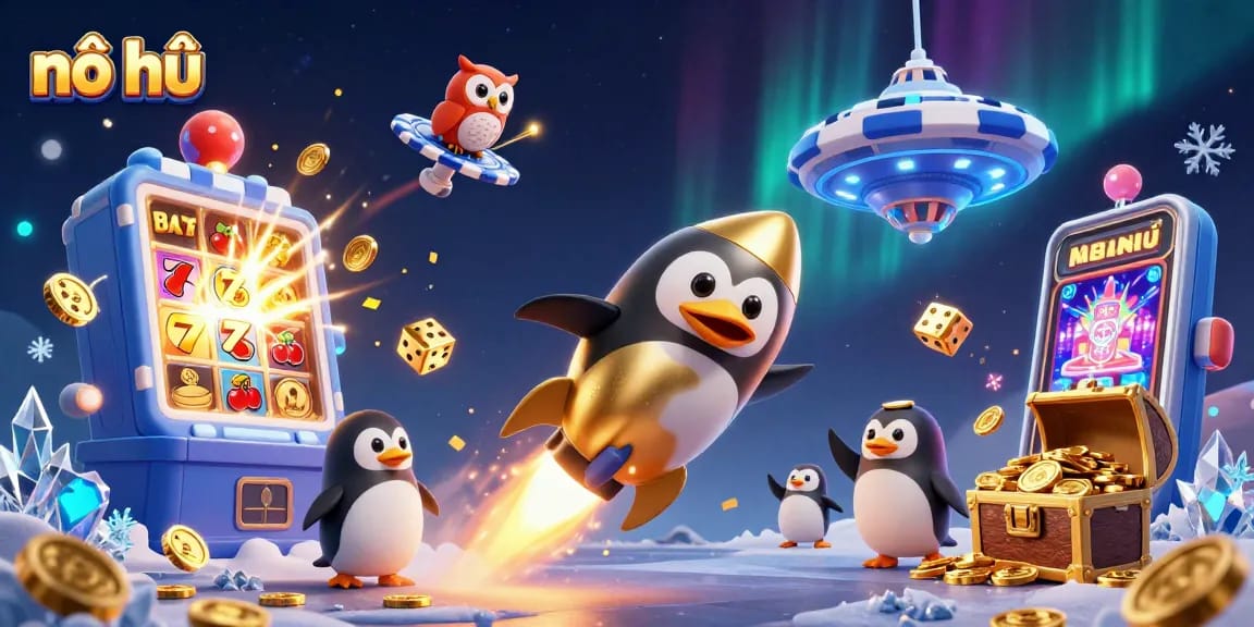 Spin the nổ hũ slots with a golden penguin in a cosmic casino adventure!