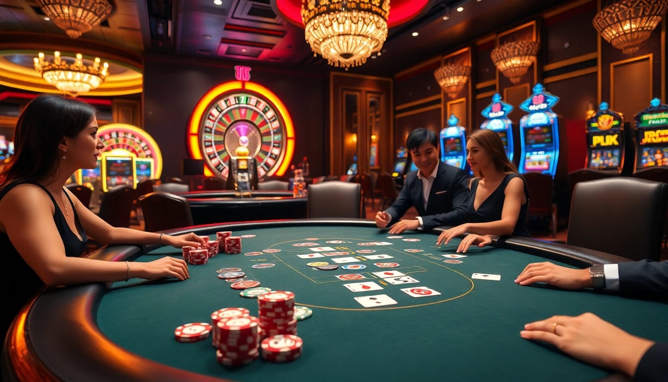 Engaging scene at BET88 casino table with poker chips and cards, evoking excitement in a luxurious setting.