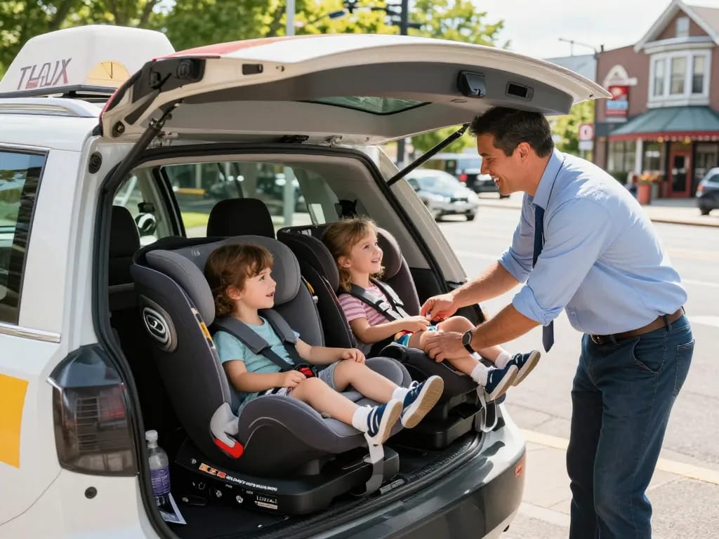 Baby seat taxi with family-friendly driver installing a secure car seat for children in a clean taxi.