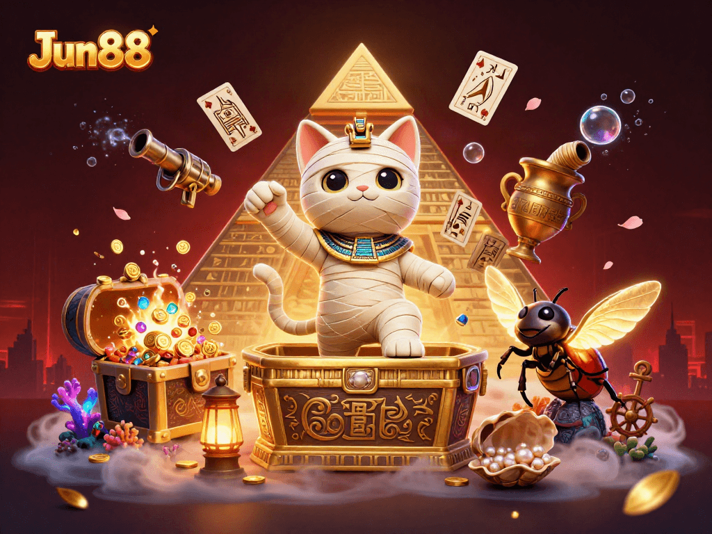 Experience excitement with Jun88’s Egyptian-themed casino adventure featuring vibrant characters.