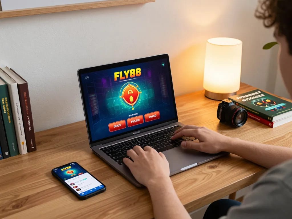Engaged player using FLY88 casino app on tablet in cozy home setup, showcasing online gaming excitement