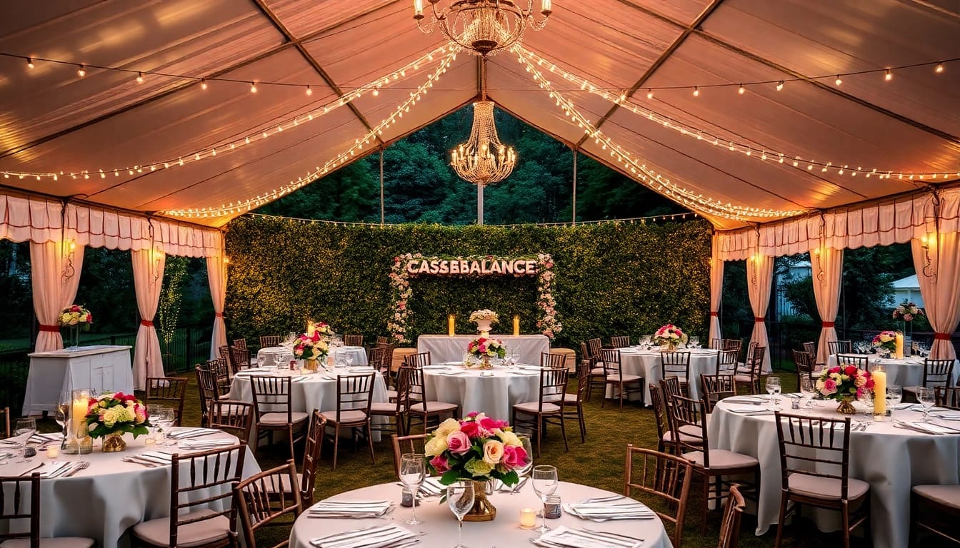 Set up for Casablanca Hire Events with elegant decorations and warm lighting.