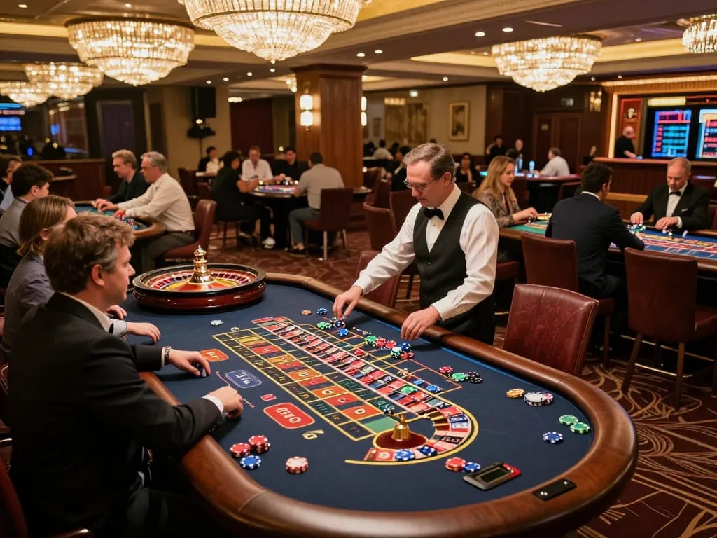 Players at a roulette table in a bustling casino illustrating the excitement of 88clb betting experience.