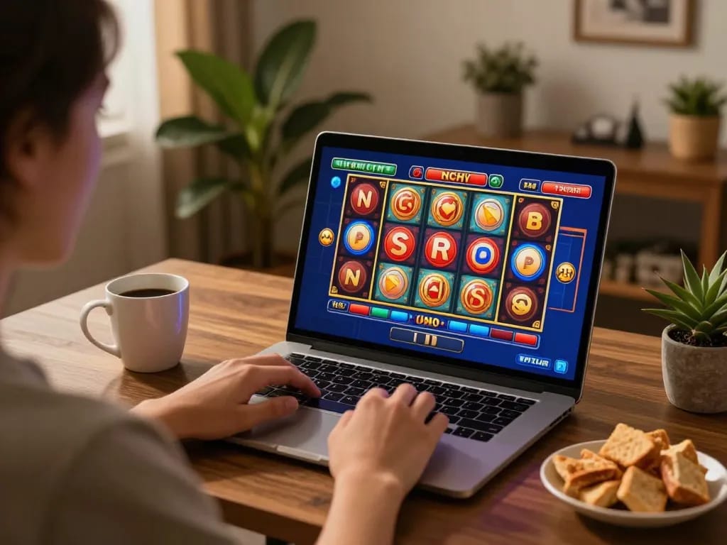 No Hu gaming experience on laptop with vibrant slot reels, cozy setup.