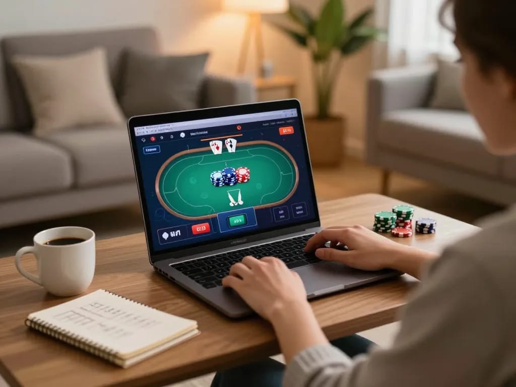 Engaged user at home playing 13win trang chủ online poker game on laptop.