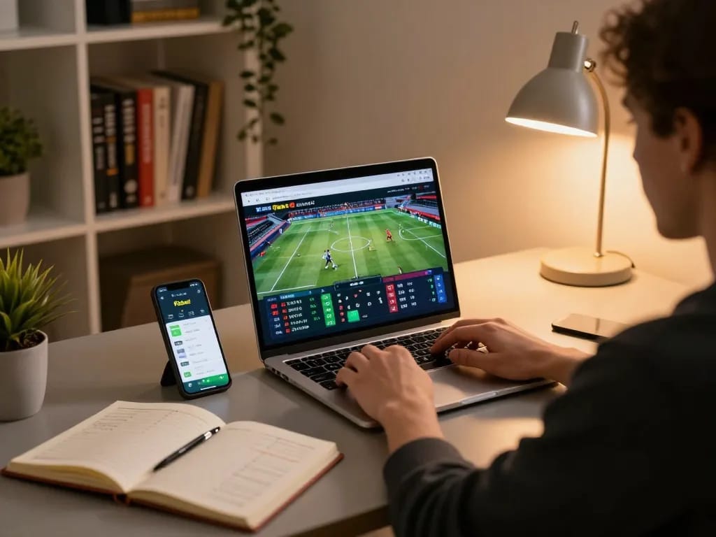 Person engaging in sports betting on Fabet platform at a cozy home desk, showcasing modern online gambling.