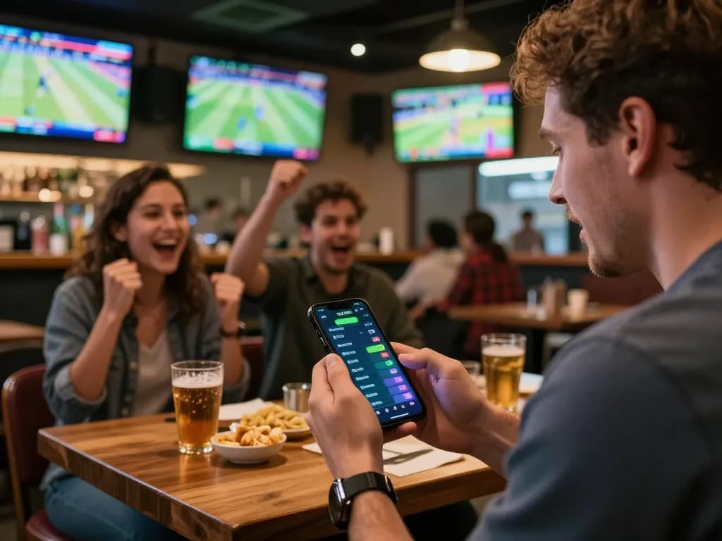Winbd user placing bets on a smartphone during a live cricket match in a lively sports bar