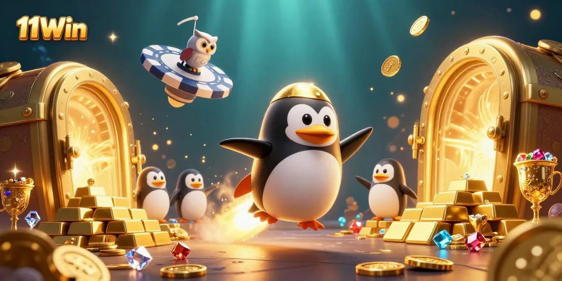 11Win illustration featuring an exciting penguin character navigating a vibrant casino space theme.