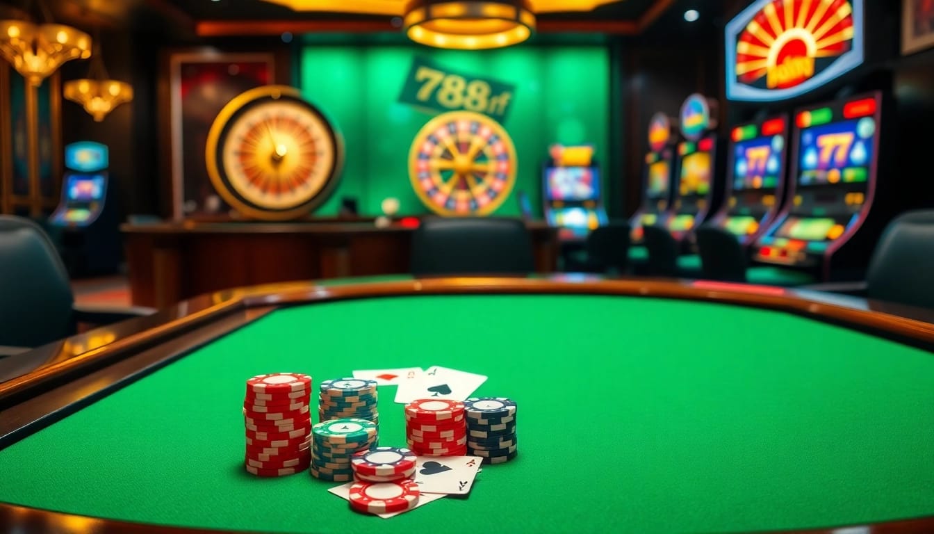 Exciting poker game setup at 789f casino with vibrant chips and playing cards.